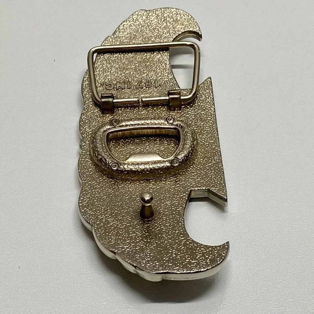 Cadillac 187 INC. Belt Buckle Bottle Opener Tool 5” Chrome Black Winged Logo Vtg